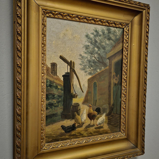 Antique Dutch Farmyard Oil Painting, Signed Rural Artwork, Gold Framed Vintage Fine Art, Collectible European Rustic Wall Decor, Unique Gift