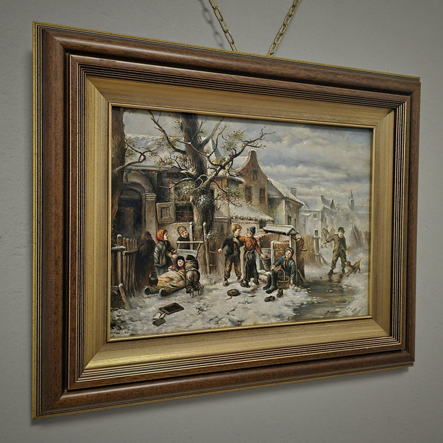 Antique Polish Oil Painting, Signed Winter Village Genre Scene, Vintage Gold Framed Artwork Collectible European Fine Art Classic Wall Decor