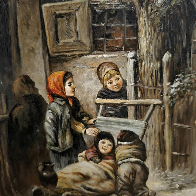 Antique Polish Oil Painting, Signed Winter Village Genre Scene, Vintage Gold Framed Artwork Collectible European Fine Art Classic Wall Decor