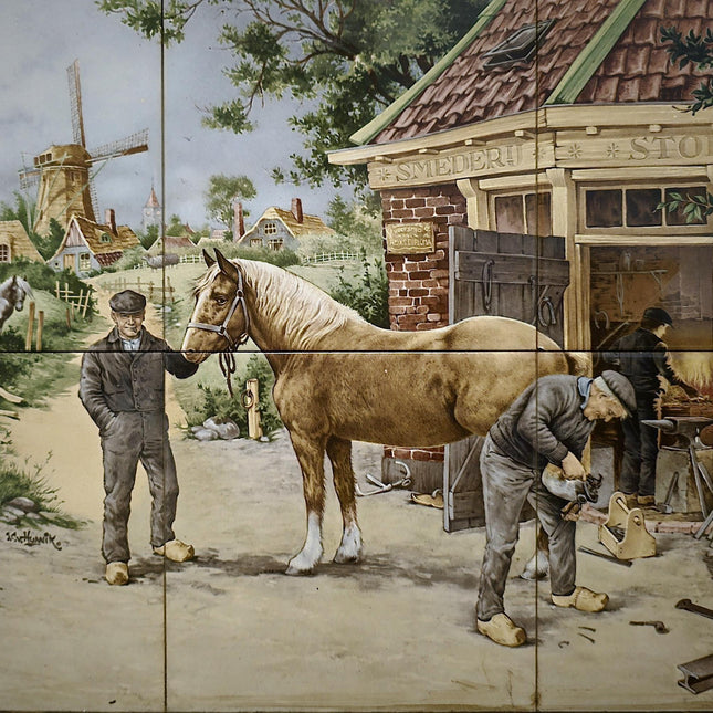 Vintage Dutch Tile Panel Blacksmith Scene, Framed Ceramic Art, European Pottery Decor