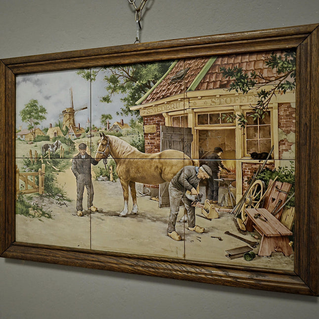 Vintage Dutch Tile Panel Blacksmith Scene, Framed Ceramic Art, European Pottery Decor