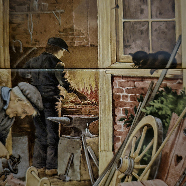 Vintage Dutch Tile Panel Blacksmith Scene, Framed Ceramic Art, European Pottery Decor