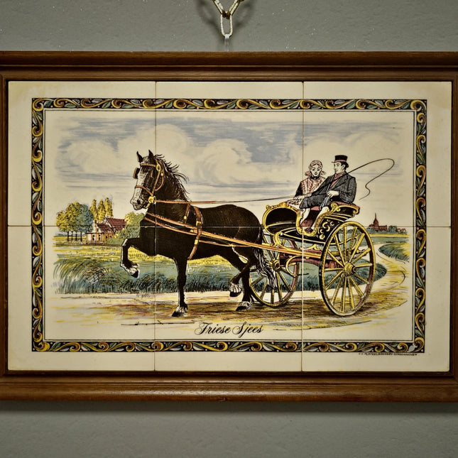Vintage Dutch Ceramic Tile Panel Frisian Sjees Carriage Scene, Framed Wall Art, European Pottery Decor
