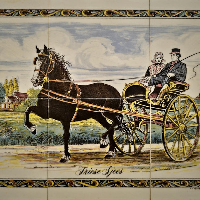 Vintage Dutch Ceramic Tile Panel Frisian Sjees Carriage Scene, Framed Wall Art, European Pottery Decor