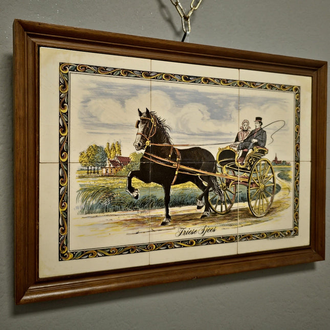 Vintage Dutch Ceramic Tile Panel Frisian Sjees Carriage Scene, Framed Wall Art, European Pottery Decor