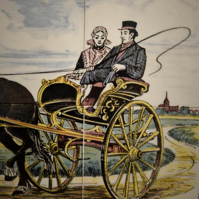 Vintage Dutch Ceramic Tile Panel Frisian Sjees Carriage Scene, Framed Wall Art, European Pottery Decor