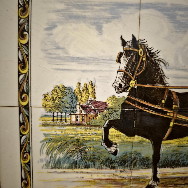 Vintage Dutch Ceramic Tile Panel Frisian Sjees Carriage Scene, Framed Wall Art, European Pottery Decor