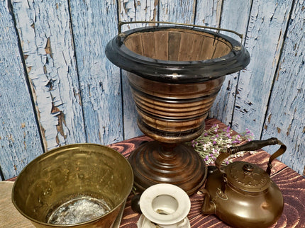 Antique Dutch Copper Tea Kettle Warmer, Walnut Pedestal, 19th Century Decor