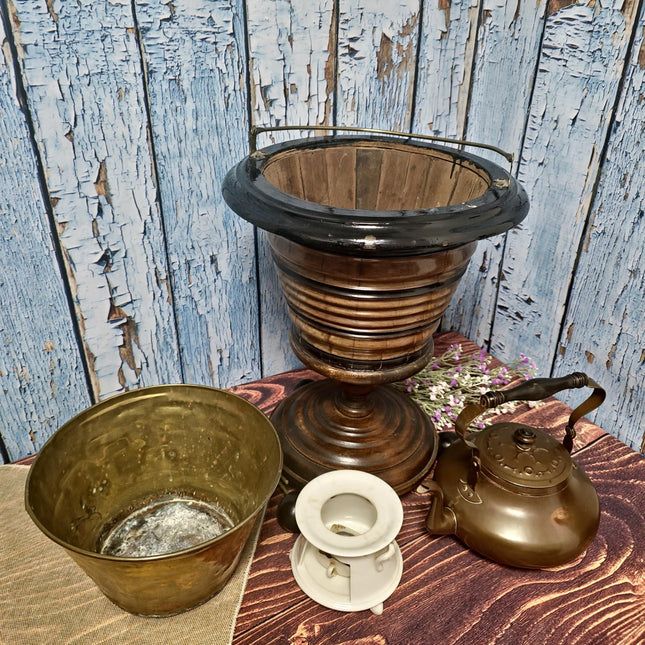 Antique Dutch Copper Tea Kettle Warmer, Walnut Pedestal, 19th Century Decor