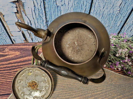 Antique Dutch Copper Tea Kettle Warmer, Walnut Pedestal, 19th Century Decor