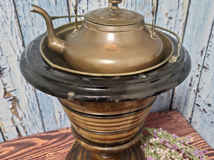 Antique Dutch Copper Tea Kettle Warmer, Walnut Pedestal, 19th Century Decor