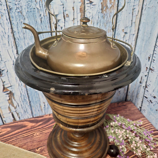 Antique Dutch Copper Tea Kettle Warmer, Walnut Pedestal, 19th Century Decor