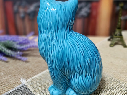 Vintage Turquoise Ceramic Cat Figurine – Mid-Century Modern Faience Sculpture