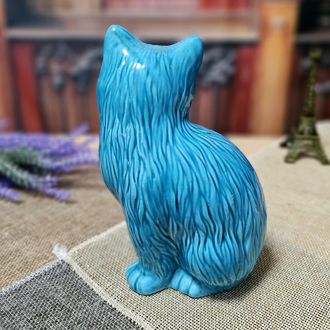 Vintage Turquoise Ceramic Cat Figurine – Mid-Century Modern Faience Sculpture