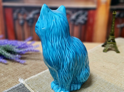 Vintage Turquoise Ceramic Cat Figurine – Mid-Century Modern Faience Sculpture