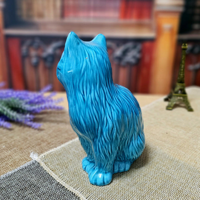 Vintage Turquoise Ceramic Cat Figurine – Mid-Century Modern Faience Sculpture