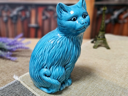 Vintage Turquoise Ceramic Cat Figurine – Mid-Century Modern Faience Sculpture