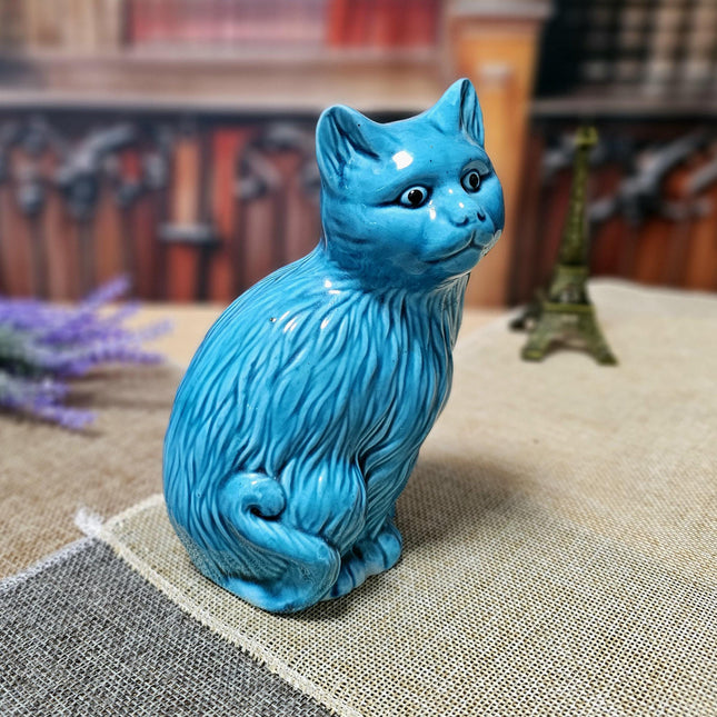 Vintage Turquoise Ceramic Cat Figurine – Mid-Century Modern Faience Sculpture