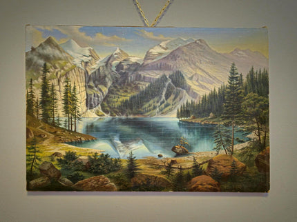 Antique Mountain Lake Oil Painting, Swiss Alpine Landscape, Signed