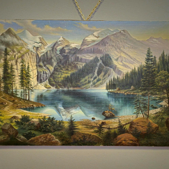 Antique Mountain Lake Oil Painting, Swiss Alpine Landscape, Signed