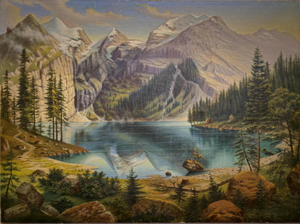 Antique Mountain Lake Oil Painting, Swiss Alpine Landscape, Signed
