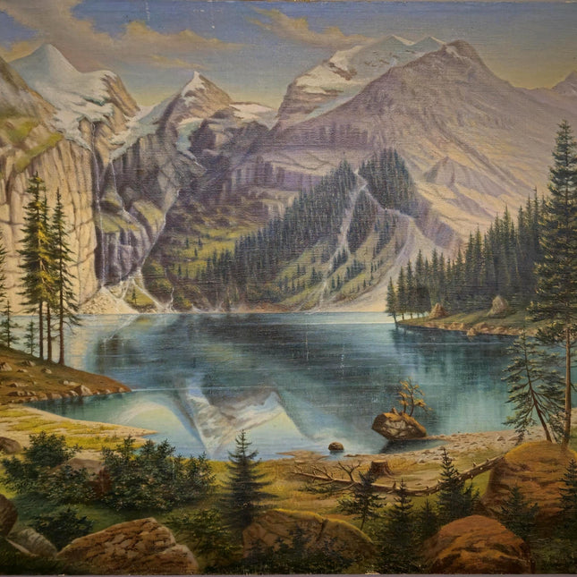 Antique Mountain Lake Oil Painting, Swiss Alpine Landscape, Signed