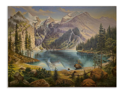 Antique Mountain Lake Oil Painting, Swiss Alpine Landscape, Signed