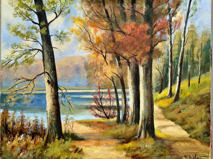 Vintage Autumn Landscape Painting, French Oil Forest Painting, Fall Trees Painting, 1980s Wall Art, Woodland Original Nature Painting
