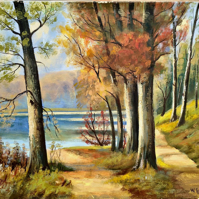 Vintage Autumn Landscape Painting, French Oil Forest Painting, Fall Trees Painting, 1980s Wall Art, Woodland Original Nature Painting