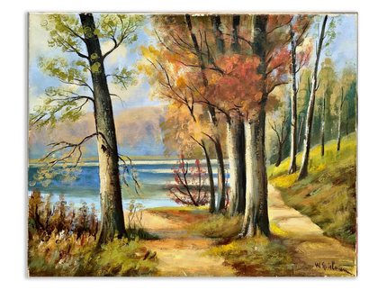 Vintage Autumn Landscape Painting, French Oil Forest Painting, Fall Trees Painting, 1980s Wall Art, Woodland Original Nature Painting