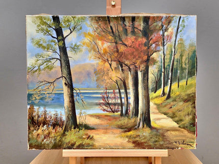 Vintage Autumn Landscape Painting, French Oil Forest Painting, Fall Trees Painting, 1980s Wall Art, Woodland Original Nature Painting