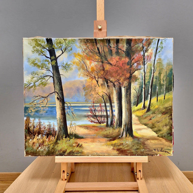 Vintage Autumn Landscape Painting, French Oil Forest Painting, Fall Trees Painting, 1980s Wall Art, Woodland Original Nature Painting