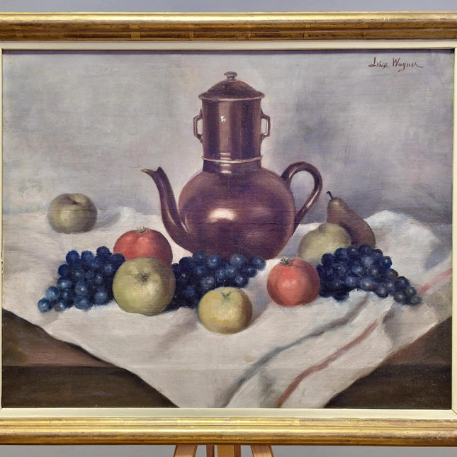 Vintage Fruit Still Life Oil Painting, Teapot and Fruits Scene, French Country Decor