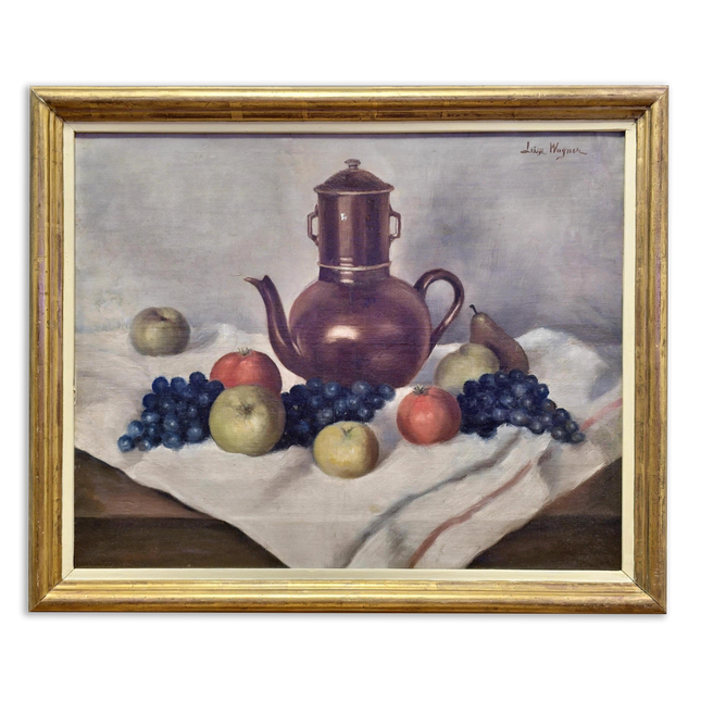 Vintage Fruit Still Life Oil Painting, Teapot and Fruits Scene, French Country Decor