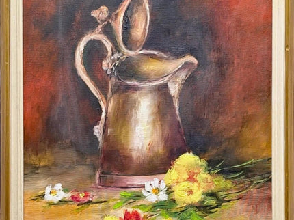 Vintage French Still Life Oil Painting, Rustic Jug and Flowers, Framed Art