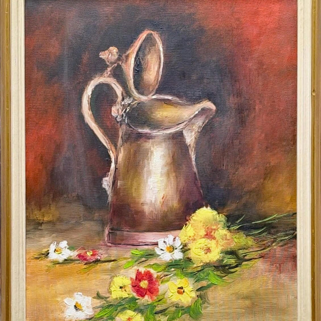 Vintage French Still Life Oil Painting, Rustic Jug and Flowers, Framed Art