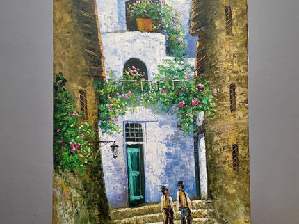 Vintage French Street Scene Oil Painting, Floral Courtyard Art