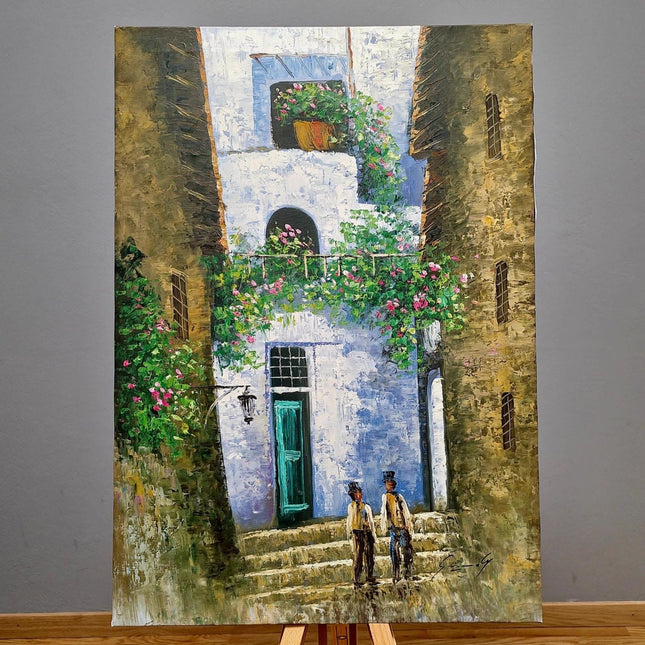Vintage French Street Scene Oil Painting, Floral Courtyard Art