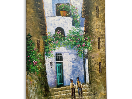 Vintage French Street Scene Oil Painting, Floral Courtyard Art