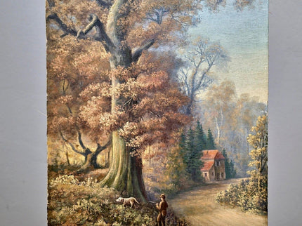 Antique French Oil Painting, Autumn Forest, Hunter and Dog, 19th Century