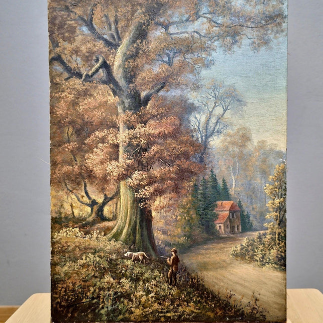 Antique French Oil Painting, Autumn Forest, Hunter and Dog, 19th Century