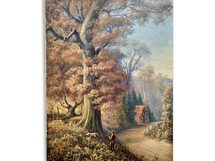 Antique French Oil Painting, Autumn Forest, Hunter and Dog, 19th Century