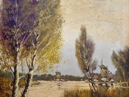 Antique Lakeside Painting Art, 19th Century Original Artwork, Windmills Oil Painting With Frame Artwork, Nature Artwork Home Decor
