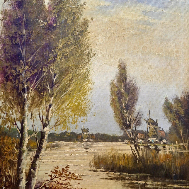 Antique Lakeside Painting Art, 19th Century Original Artwork, Windmills Oil Painting With Frame Artwork, Nature Artwork Home Decor