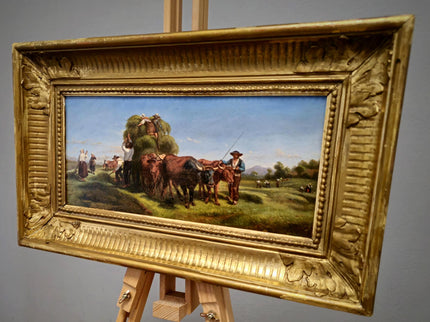 Antique Italian Oil Painting Haymaking Scene with Oxen, 19th Century Roman Countryside, Signed Rural Artwork, Rustic Farm Wall Decor