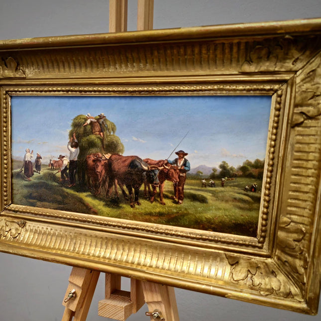 Antique Italian Oil Painting Haymaking Scene with Oxen, 19th Century Roman Countryside, Signed Rural Artwork, Rustic Farm Wall Decor