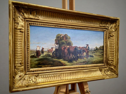 Antique Italian Oil Painting Haymaking Scene with Oxen, 19th Century Roman Countryside, Signed Rural Artwork, Rustic Farm Wall Decor