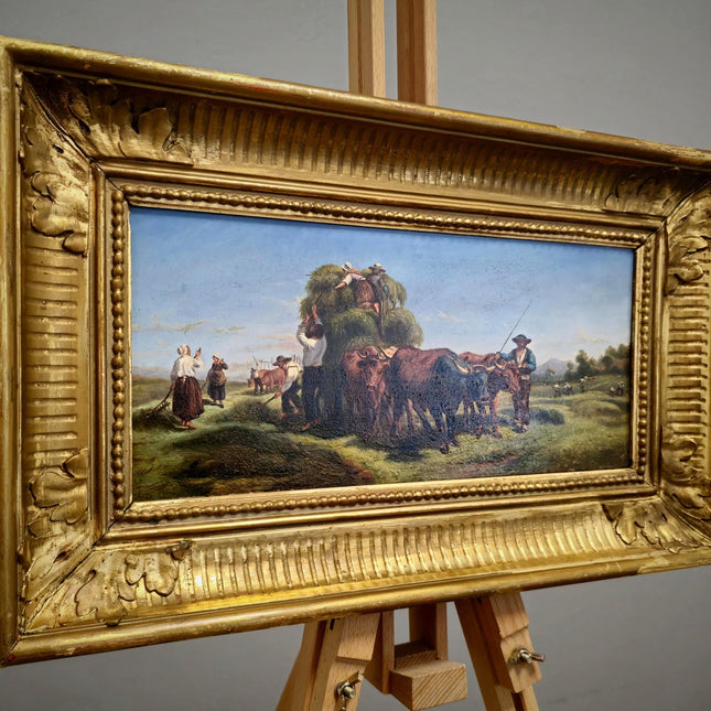 Antique Italian Oil Painting Haymaking Scene with Oxen, 19th Century Roman Countryside, Signed Rural Artwork, Rustic Farm Wall Decor