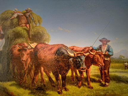 Antique Italian Oil Painting Haymaking Scene with Oxen, 19th Century Roman Countryside, Signed Rural Artwork, Rustic Farm Wall Decor