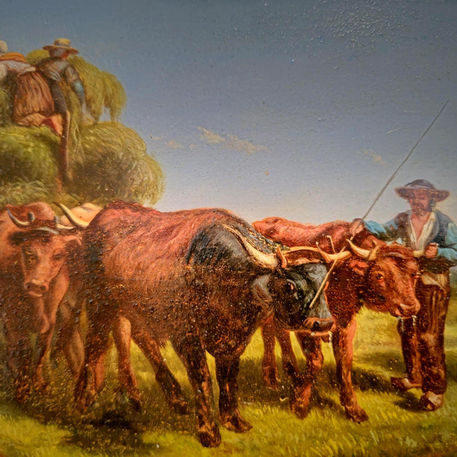 Antique Italian Oil Painting Haymaking Scene with Oxen, 19th Century Roman Countryside, Signed Rural Artwork, Rustic Farm Wall Decor